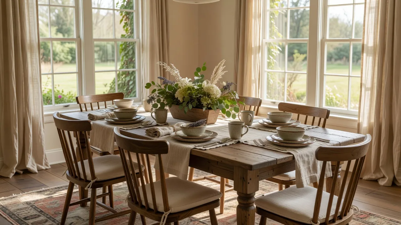 Extended solid wood farmhouse dining table set for family dinner in a modern rustic home.