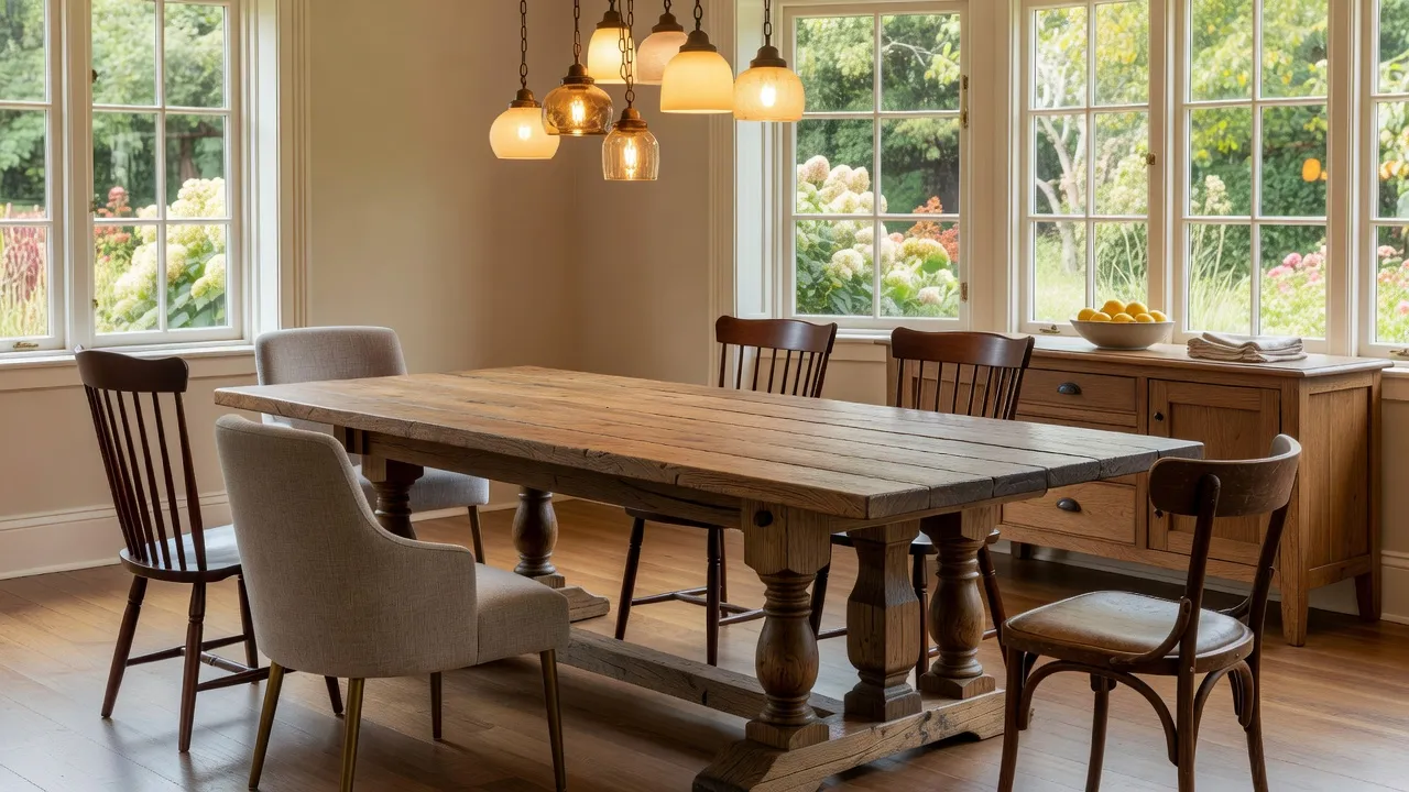 A spacious rustic dining room featuring a long solid wood farmhouse dining table with turned legs and neutral chairs.