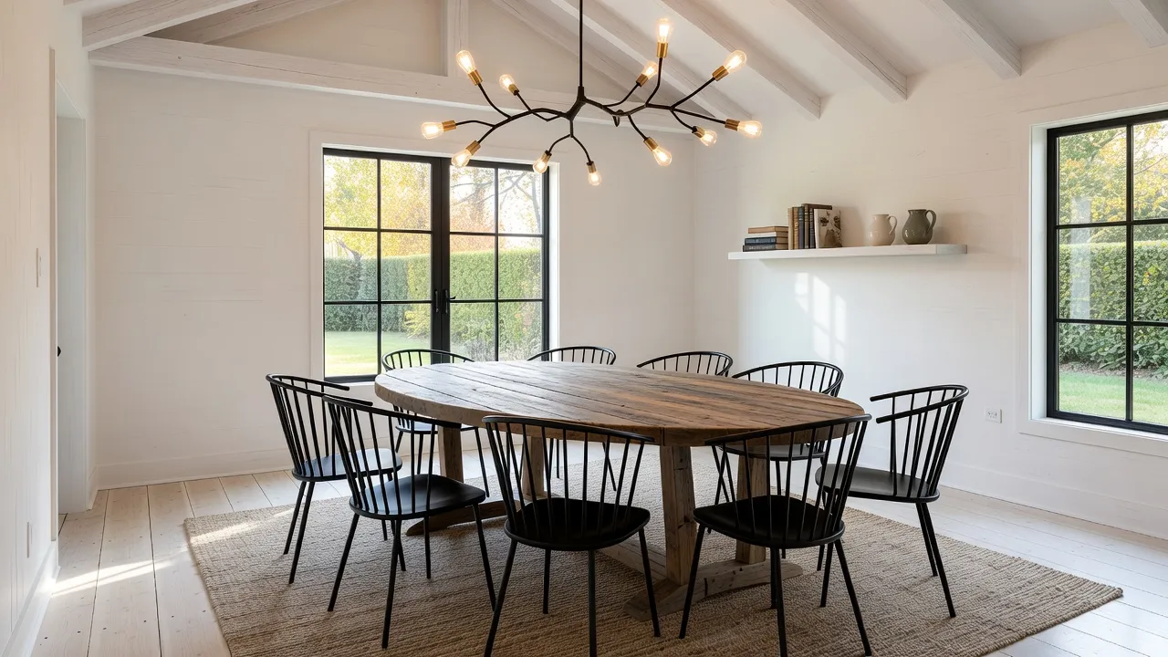 Modern farmhouse dining room layout featuring a wooden trestle table and black Windsor chairs.