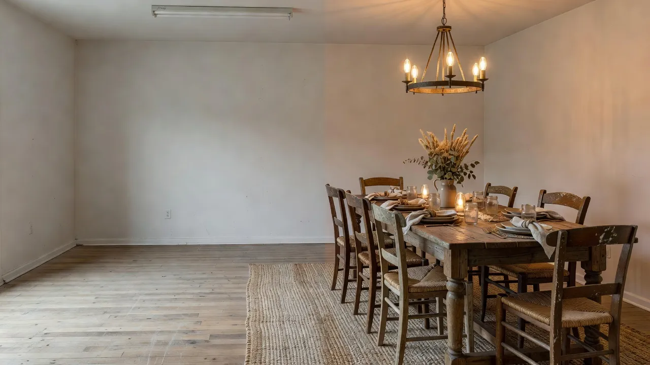 Visualization of a dining room layout before and after adding farmhouse style dining furniture.