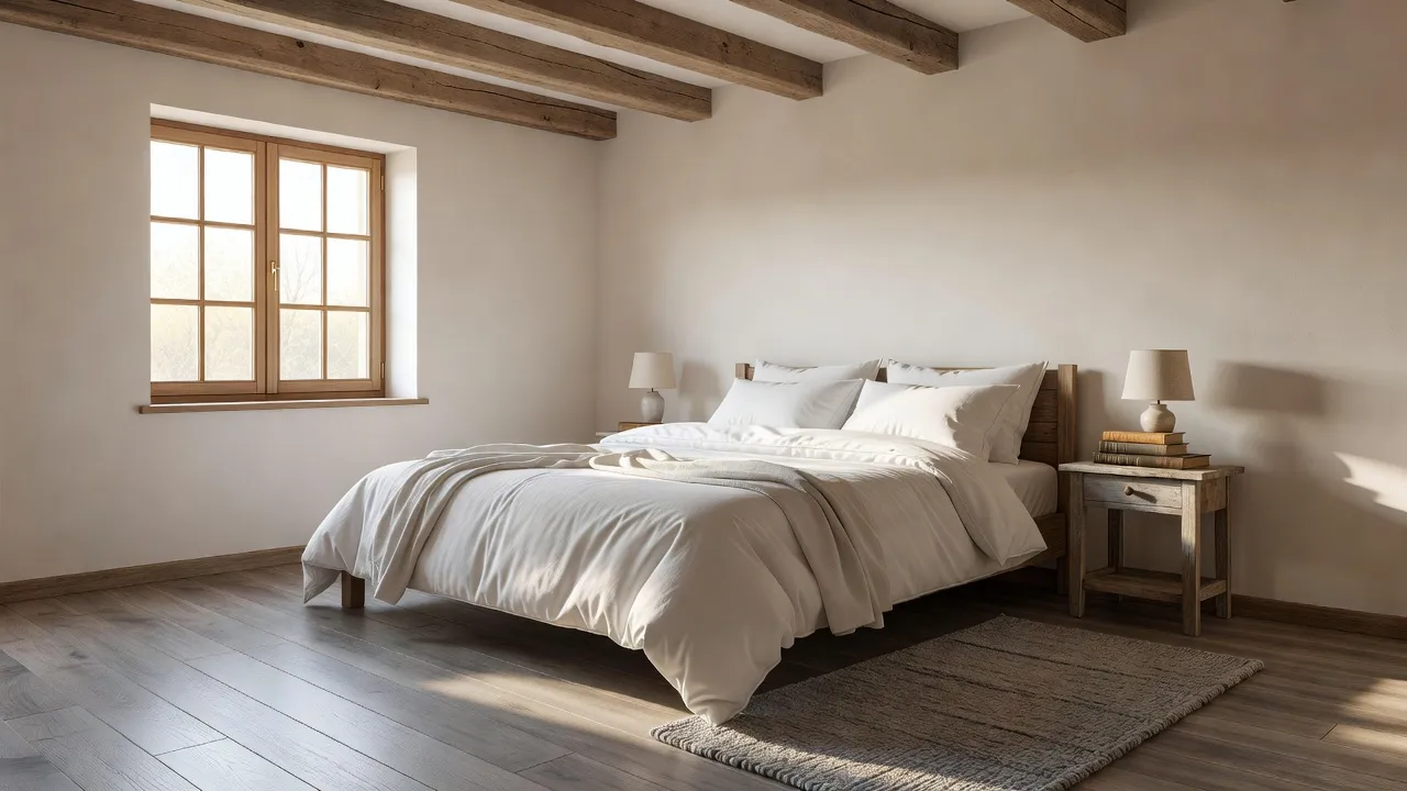 Gray oak laminate flooring installed in a light-filled farmhouse bedroom