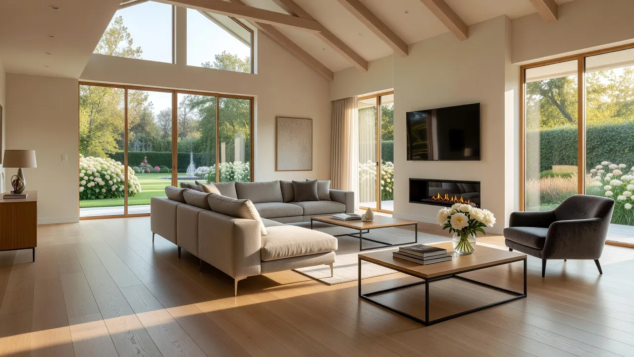 Beautiful dream home living room featuring warm oak waterproof laminate flooring