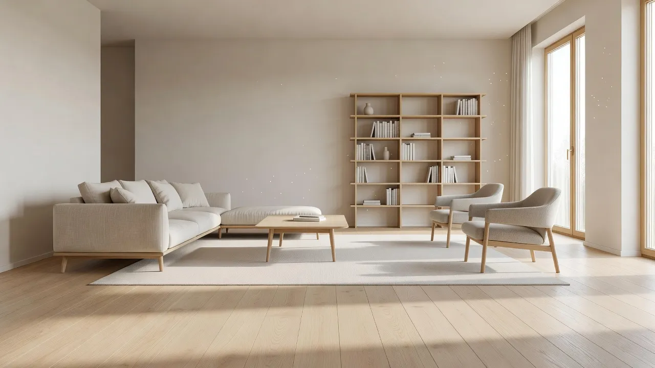Light European oak waterproof laminate flooring in a modern sunlit living room