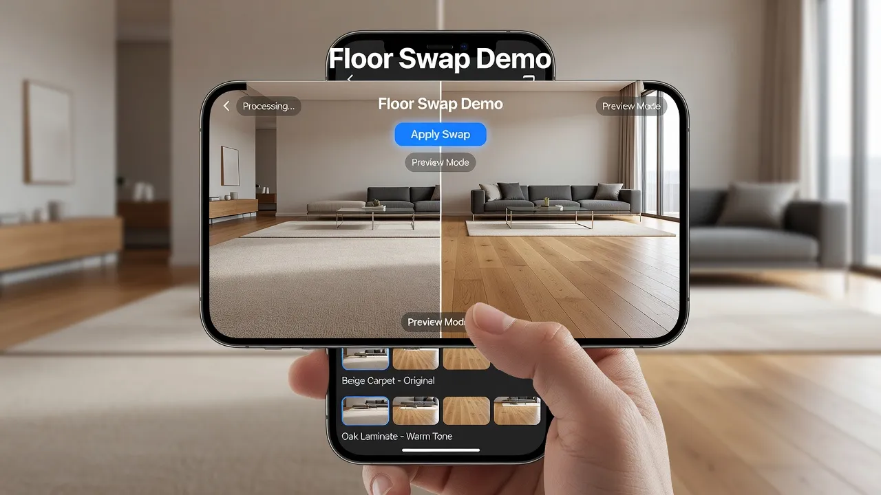 Smartphone showing Renova AI app performing a floor swap visualization in a living room