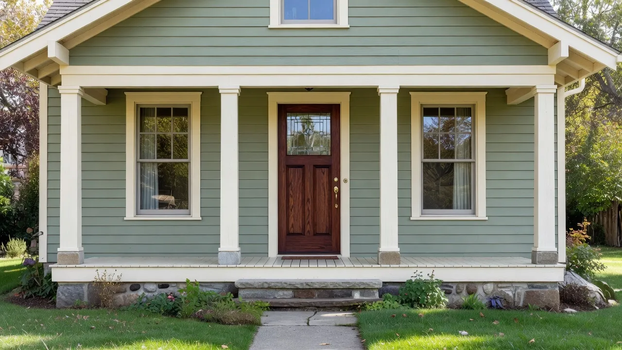 Craftsman home exterior displaying a classic Sherwin Williams green and cream trim exterior paint combination.