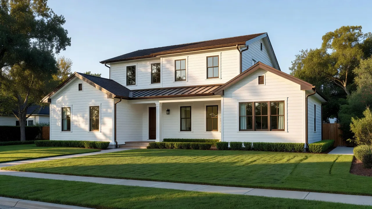 Exterior of a two-story home painted in Sherwin Williams Alabaster white with dark bronze trim and stone accents.