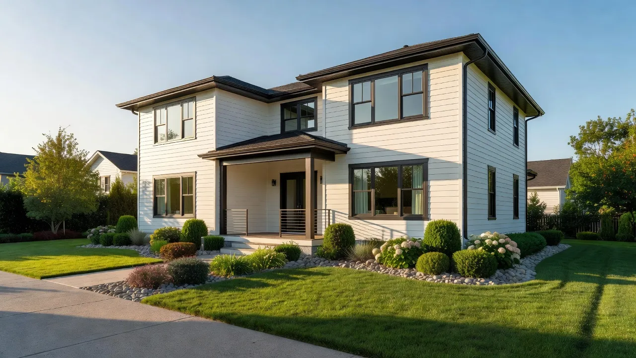 Beautiful modern house exterior painted with Sherwin Williams Alabaster body paint and dark trim.