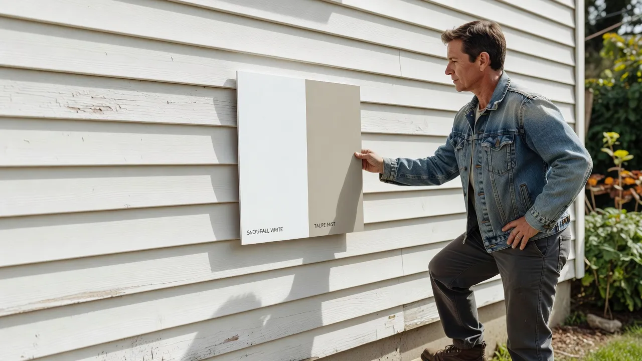 Testing Sherwin Williams exterior paint color swatches directly against home lap siding under natural sunlight.