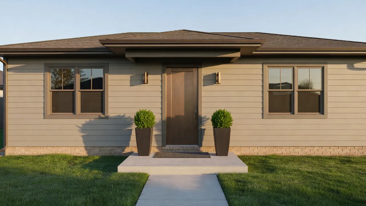 Warm greige exterior siding painted in Sherwin Williams Accessible Beige next to natural brickwork.