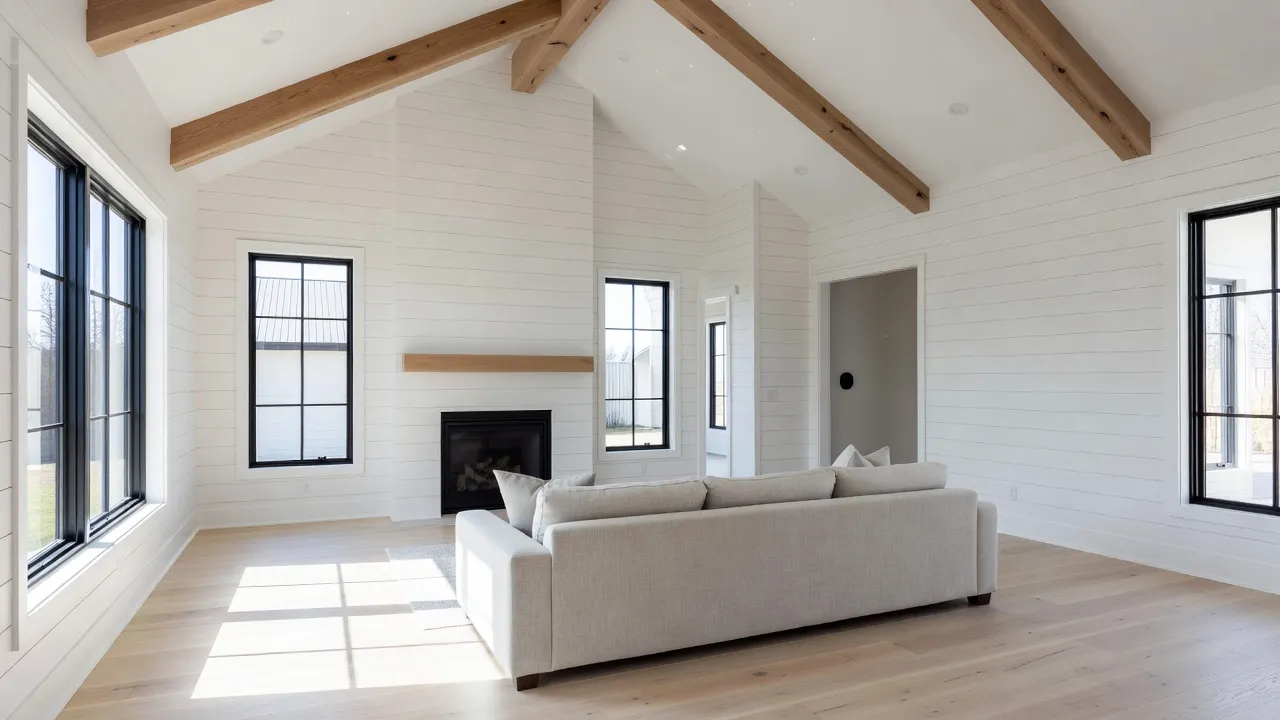 Bright modern farmhouse interior featuring white shiplap wall, reclaimed wood beam, and black framed grid window.