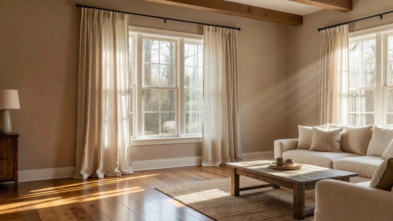 Rustic cream farmhouse style curtains hanging from a matte black rod in a sunlit modern living room.