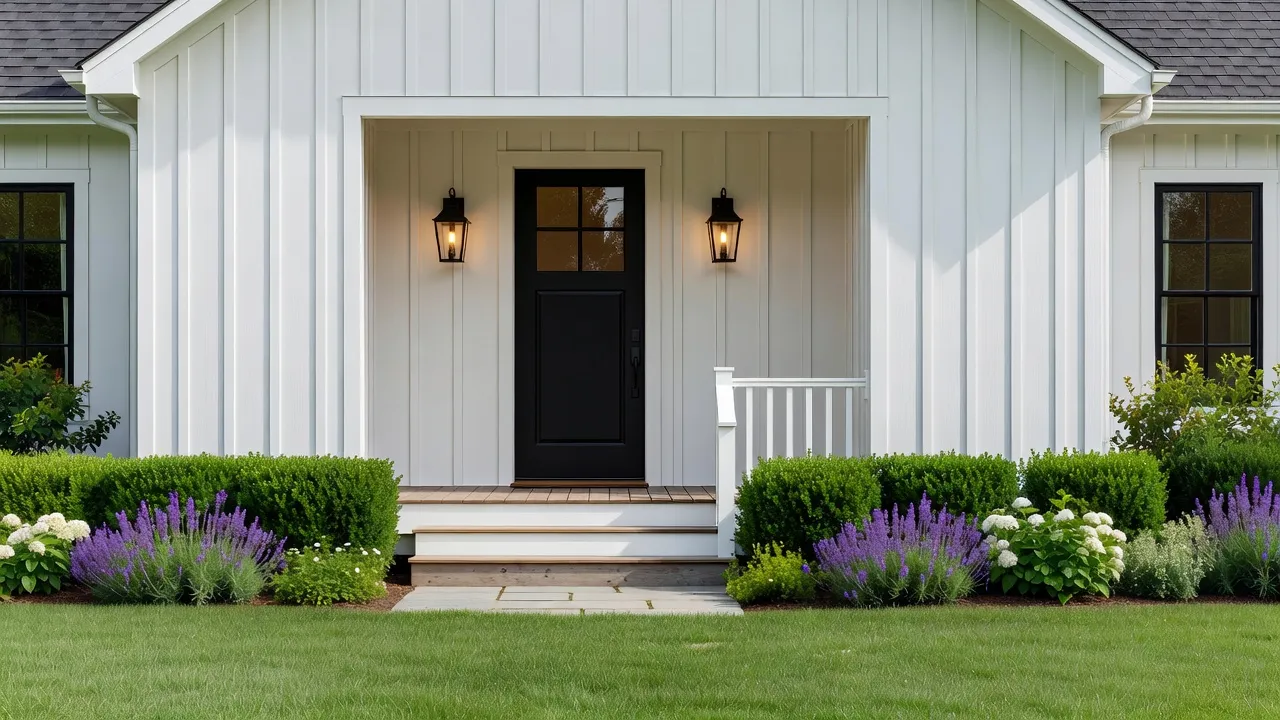 White modern farmhouse exterior featuring a black front door with glass panes and potted greenery.