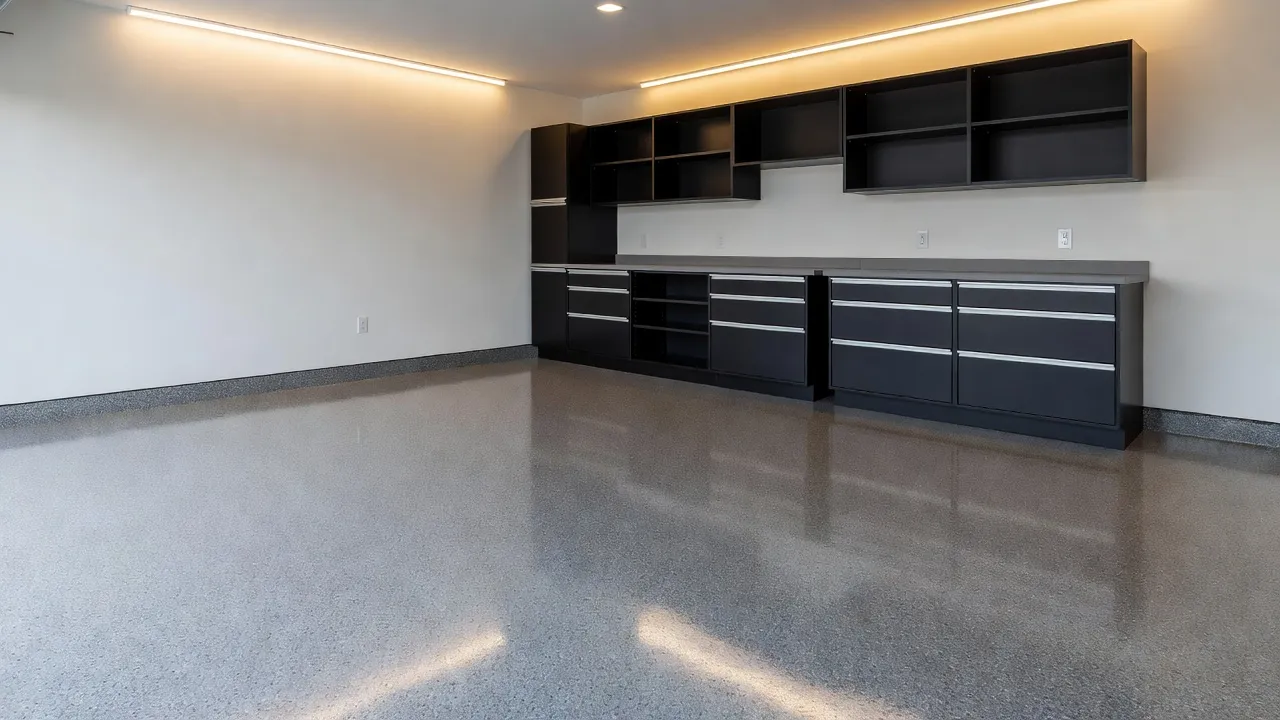 Clean two-car garage featuring a polyaspartic flake coating installed over concrete.