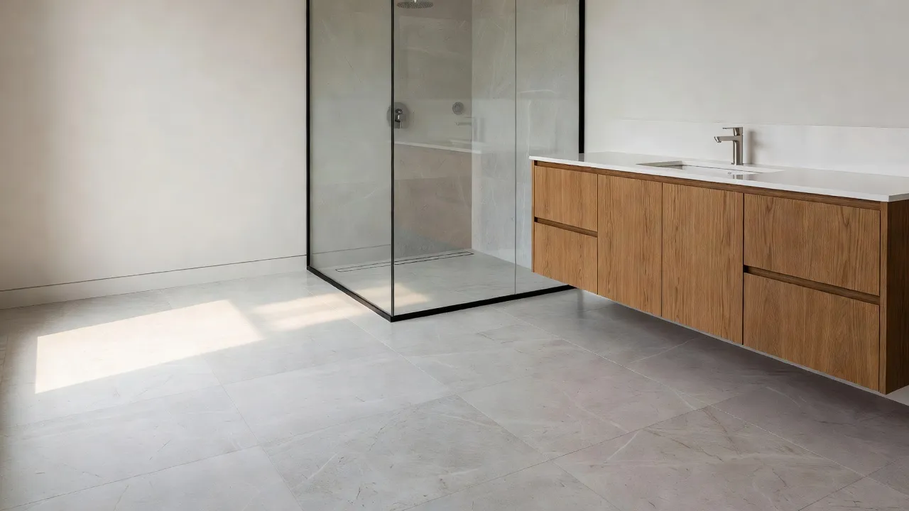Modern bathroom showcasing light grey waterproof porcelain floor tiles and stylish vanity