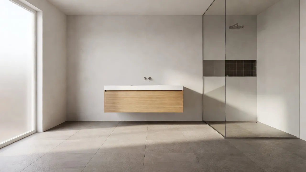 Matte textured slip-resistant porcelain bathroom floor installed near walk-in shower.