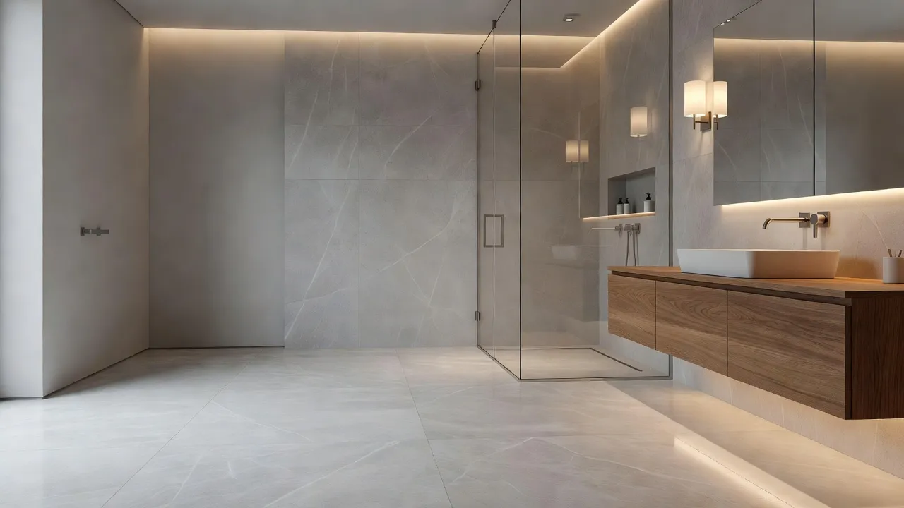 Modern bathroom featuring waterproof light grey porcelain floor tiles and stylish wood vanity.