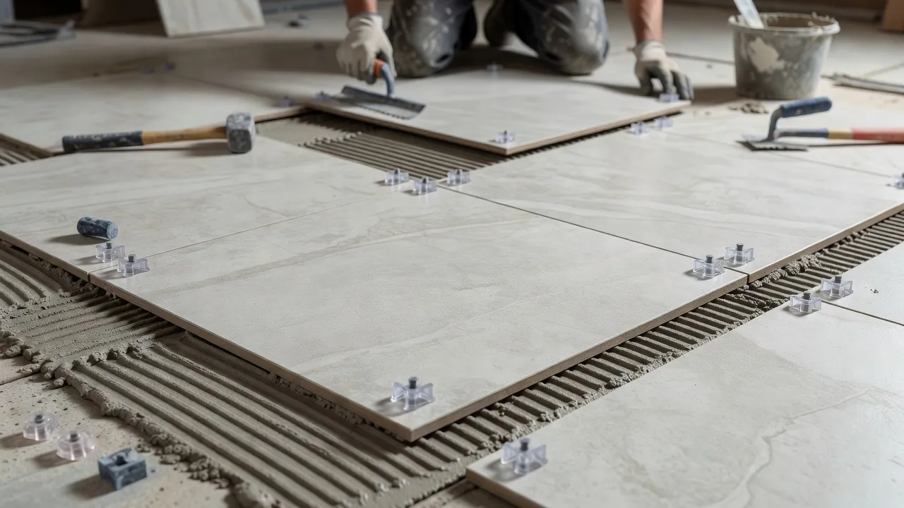 Professional installation of waterproof porcelain floor tiles with tile levelling spacers.