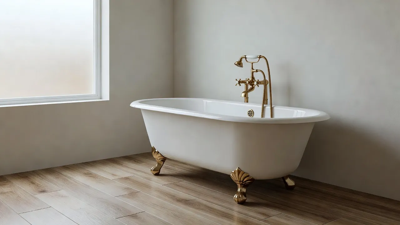 Waterproof wood-look tile flooring installed in a bright modern bathroom with clawfoot tub.
