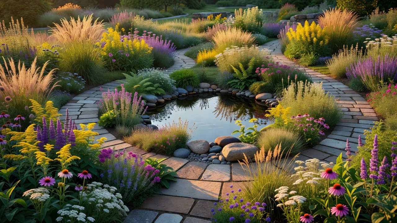 Award-winning naturalistic garden layout showcasing perennial flowers and stone hardscaping.