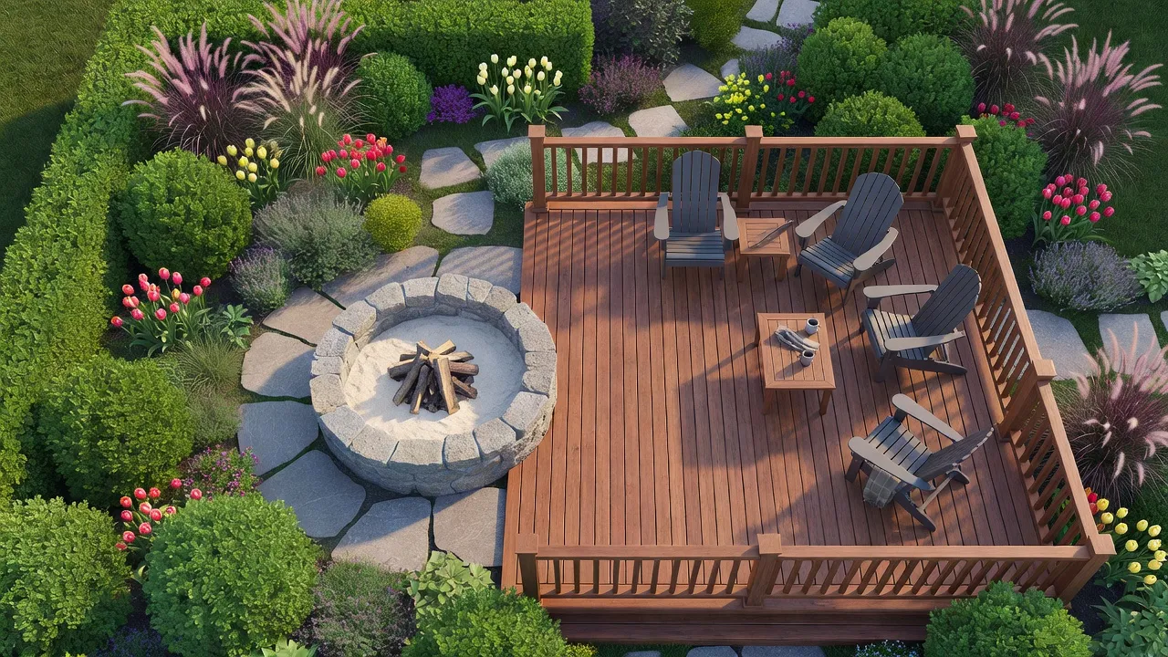 Digital 3D backyard layout plan showing hardscape patio and garden borders.