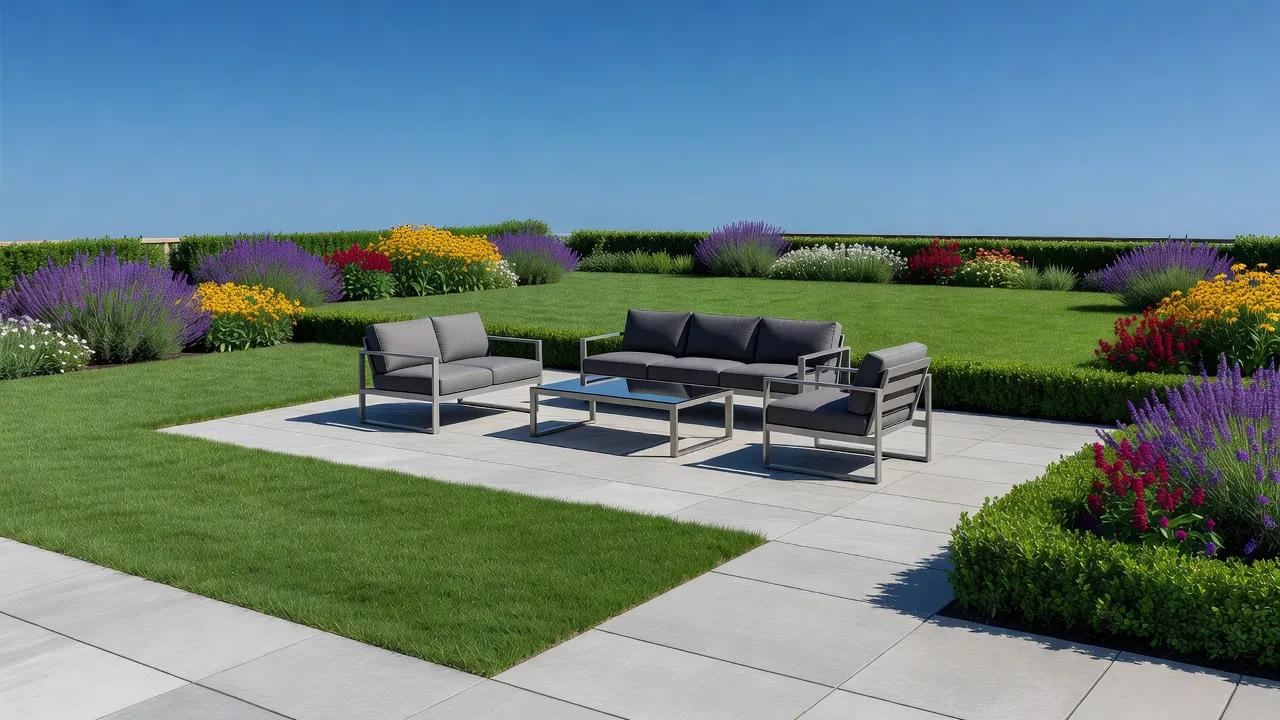 Beautifully landscaped suburban backyard with stone pavers, clean lawn edges, and perennial flower beds.