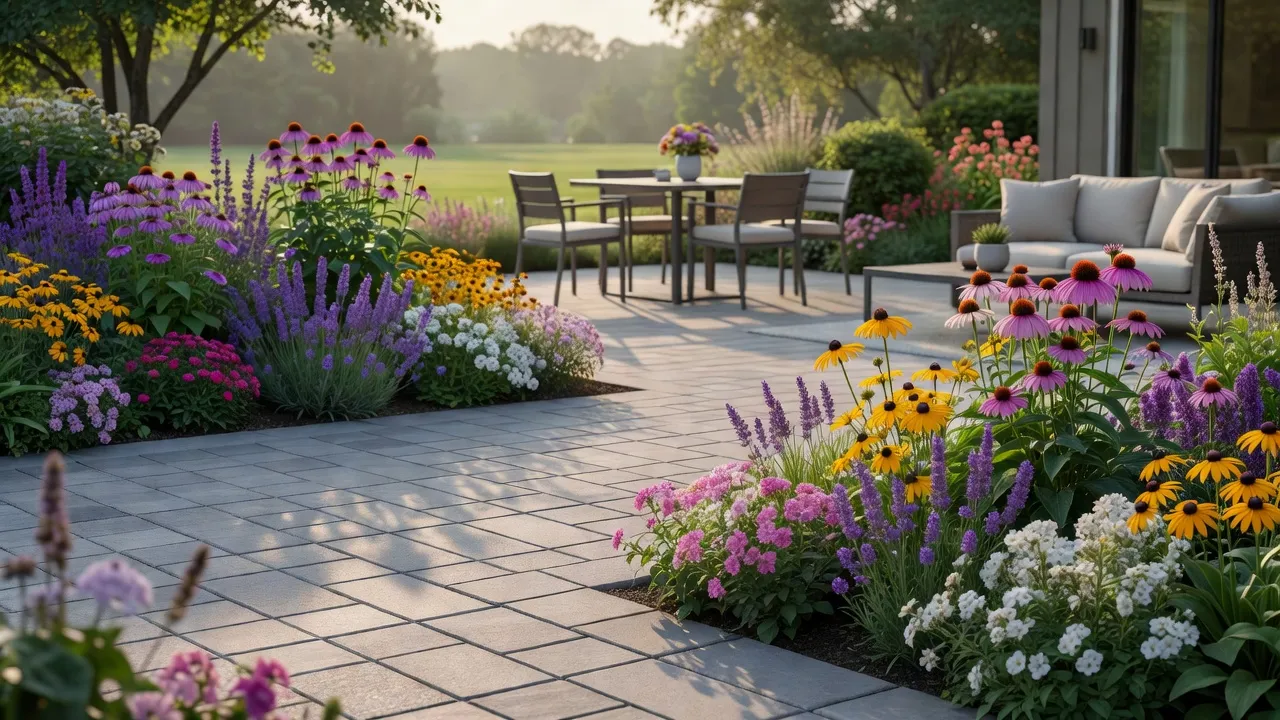 Modern residential garden design layout featuring stone pavers and perennial flower beds.