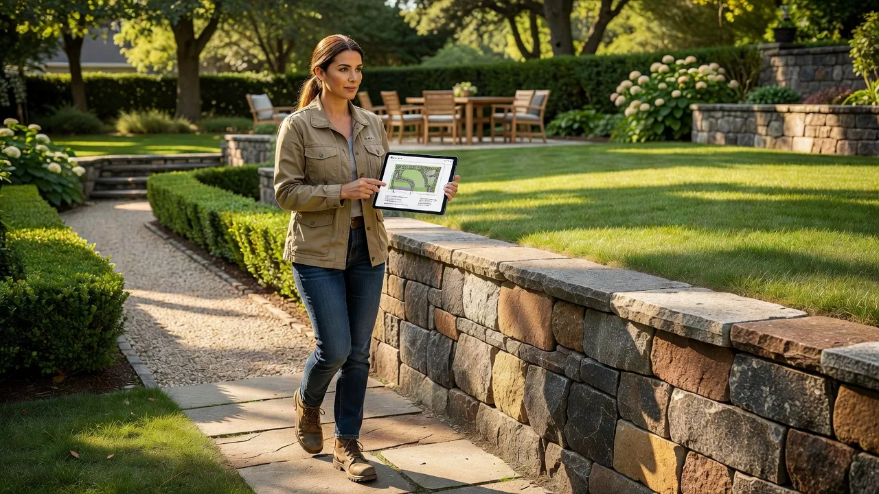 Professional landscape designer conducting a client site consultation in a residential yard.