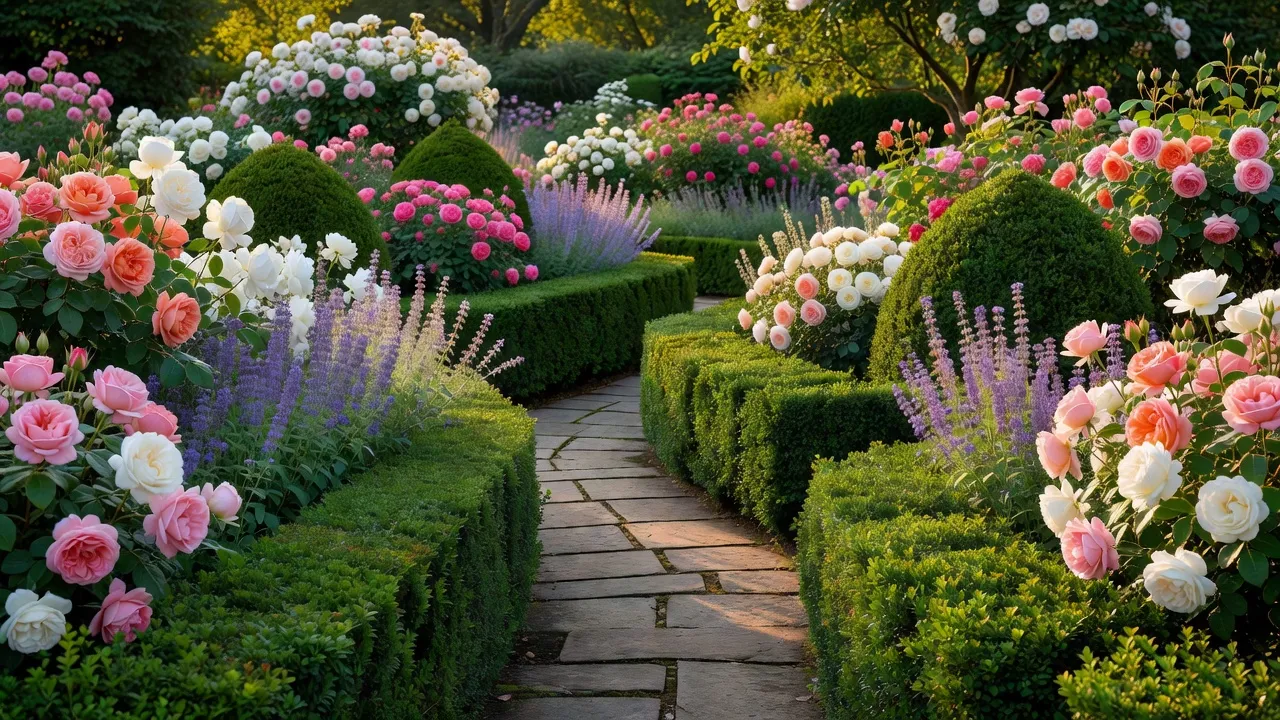 Beautifully designed rose garden border with pink and yellow shrub roses framed by lavender and stone pathways.
