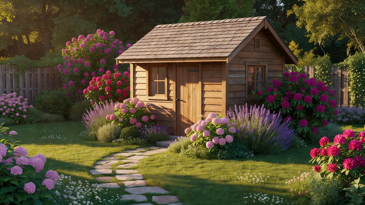 Completed wooden garden shed with modern dark roof shingles set in a residential backyard garden.