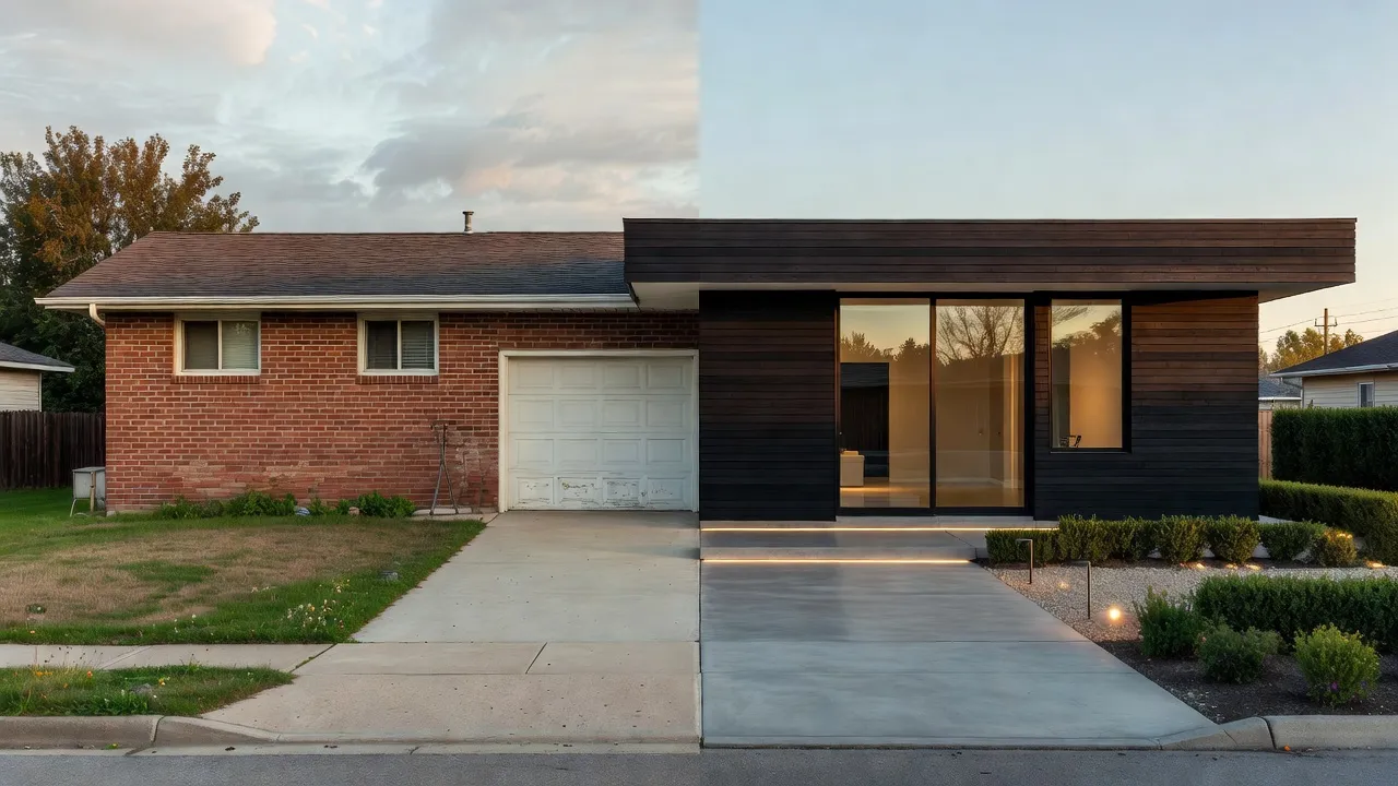 AI visual remodeling comparison showing a standard brick ranch house converted into a sleek modern residence.
