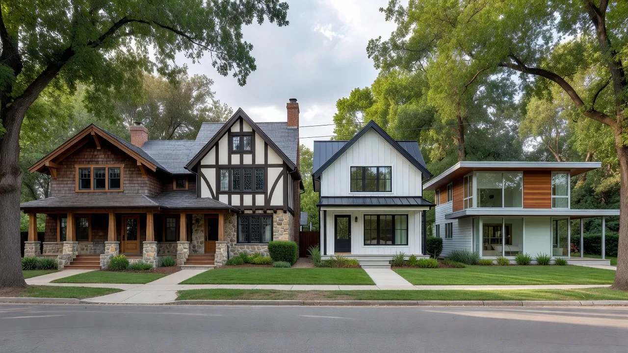 Four different house architecture styles including Craftsman, Tudor, Modern Farmhouse, and Mid-Century Modern lined up along a neighborhood street.