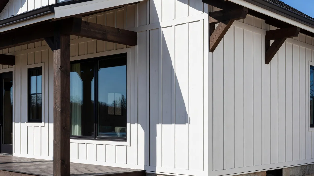 Modern Farmhouse exterior siding showing black window frames and white board and batten wall cladding.