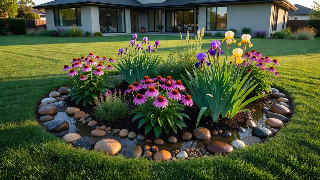 A beautifully landscaped residential rain garden collecting stormwater runoff surrounded by colorful native plants.
