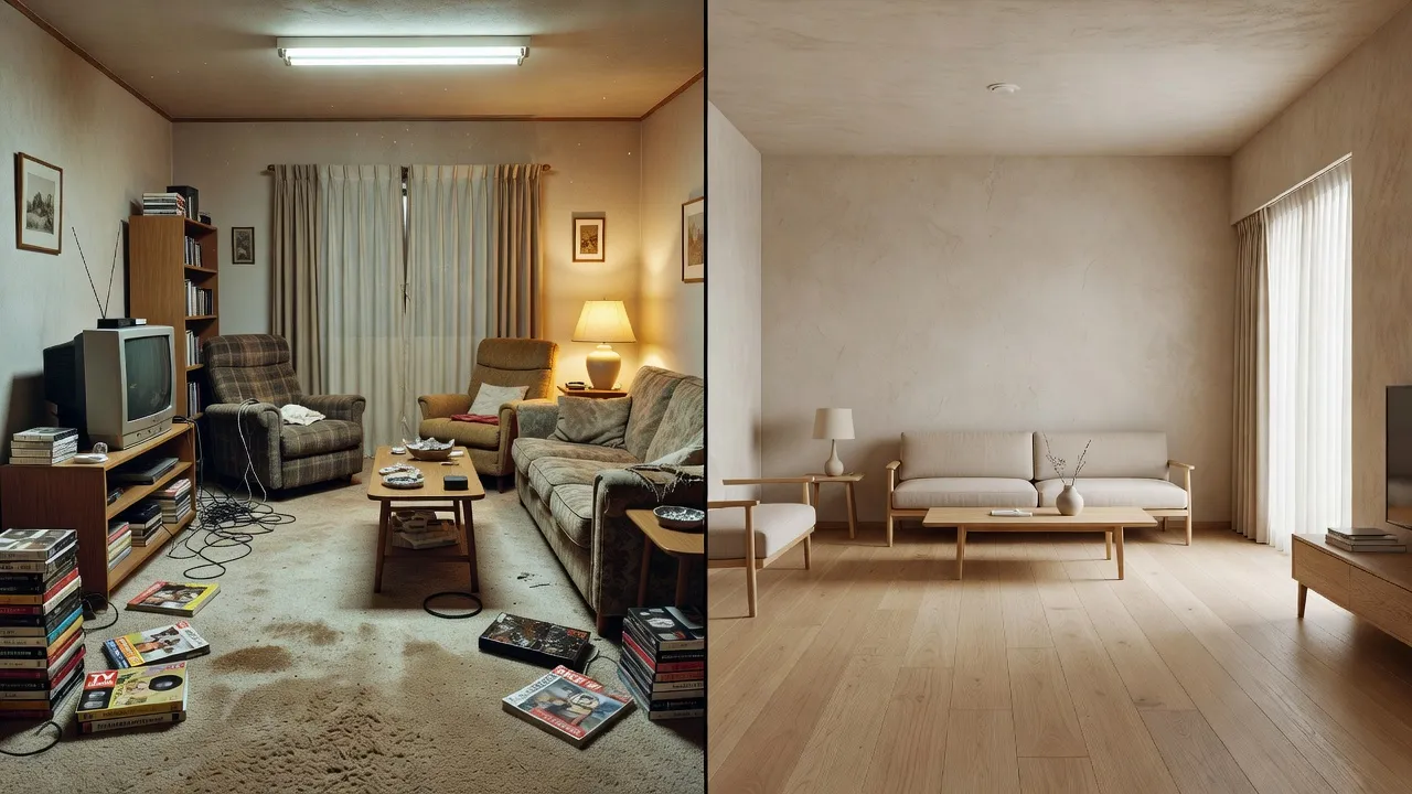 AI room redesign comparison showing old carpeted room transformed into Japandi style