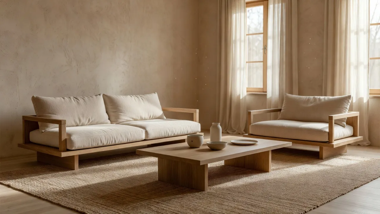 Serene Japandi style living room with low oak sofa, cream linen cushions, warm taupe walls, and natural wood furniture