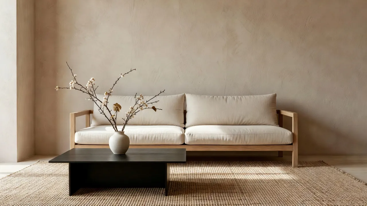 Japandi style living room with low oak furniture, cream linen cushions, and minimalist ceramic decor