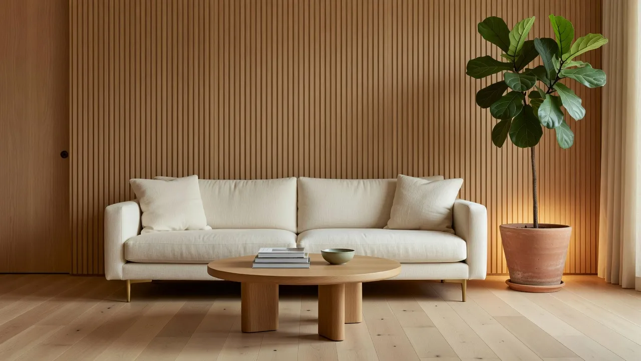 Low linen sofa and wooden coffee table in a modern Japandi living room layout