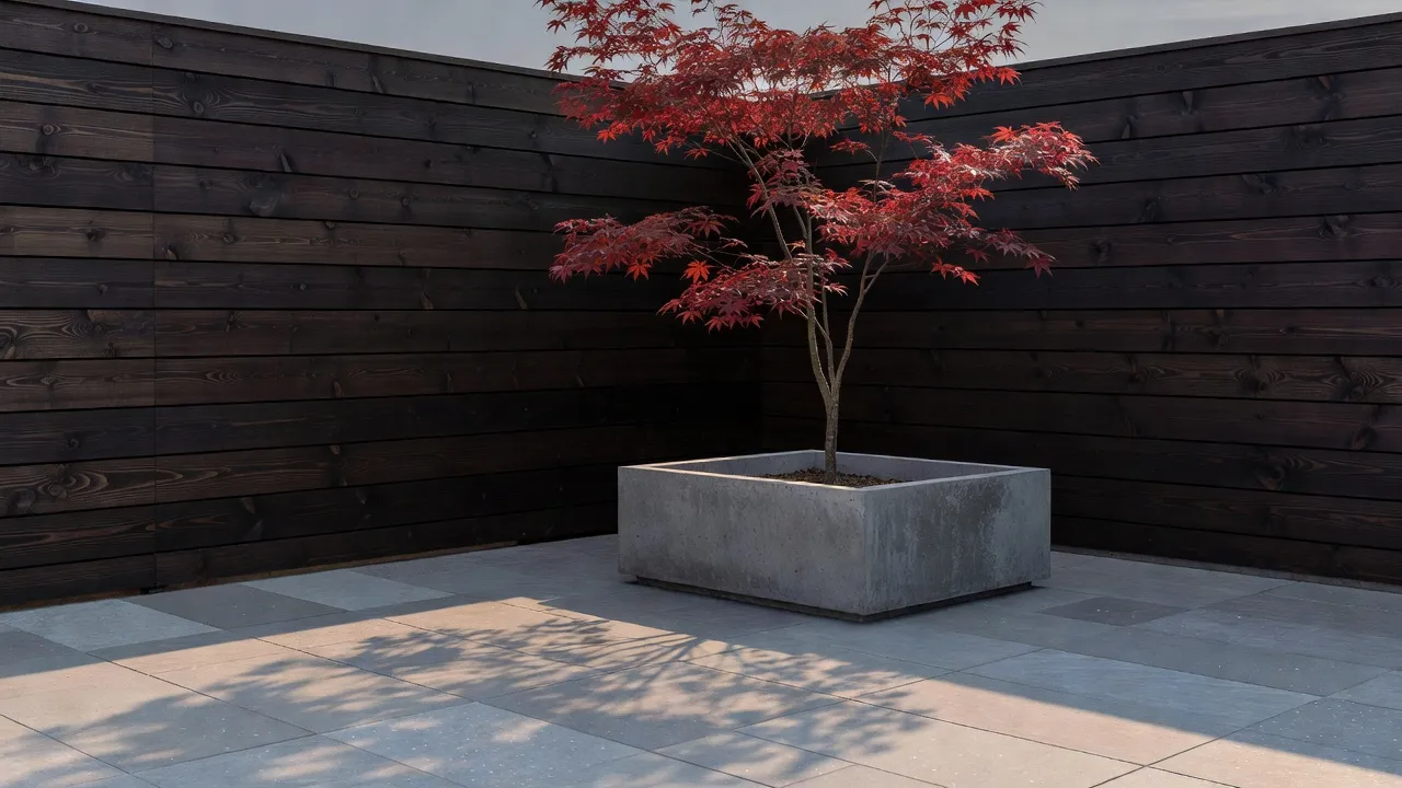 Modern Japandi residential patio featuring dark wood screening and slate pavers