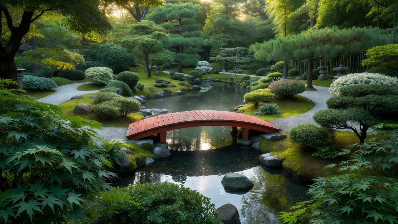 Red wooden bridge spanning a stream in a Japanese stroll garden