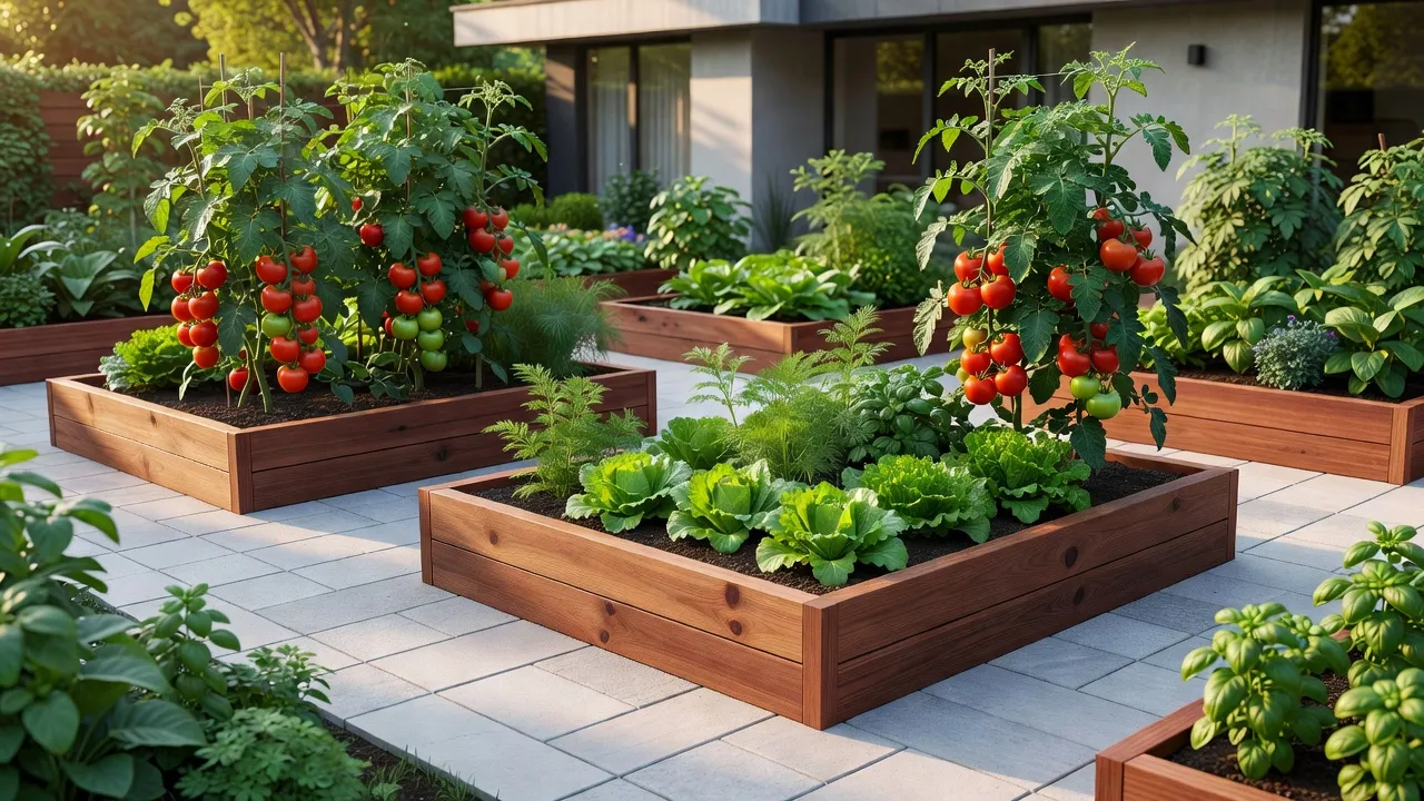 Lush raised garden design layout with cedar wood beds, clean pea gravel pathways, and sunlit vegetables.