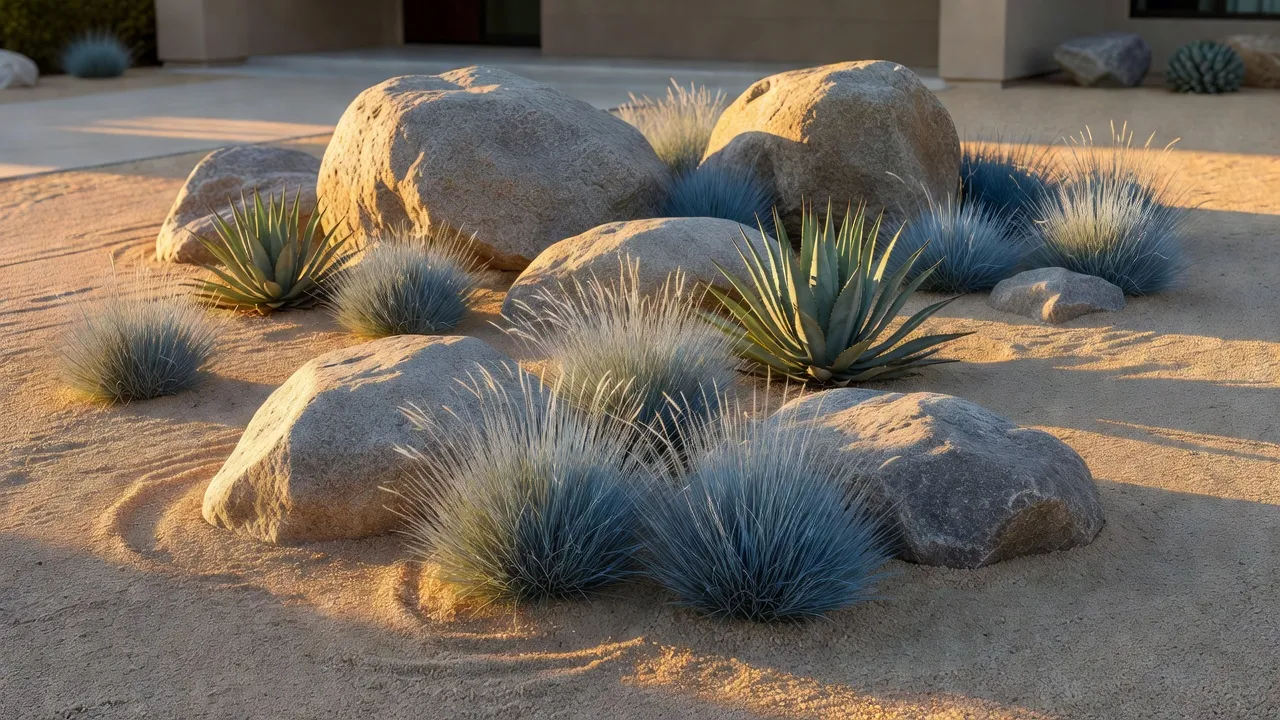 Modern rock garden design featuring large boulders, pea gravel, succulents, and dark stone mulch.