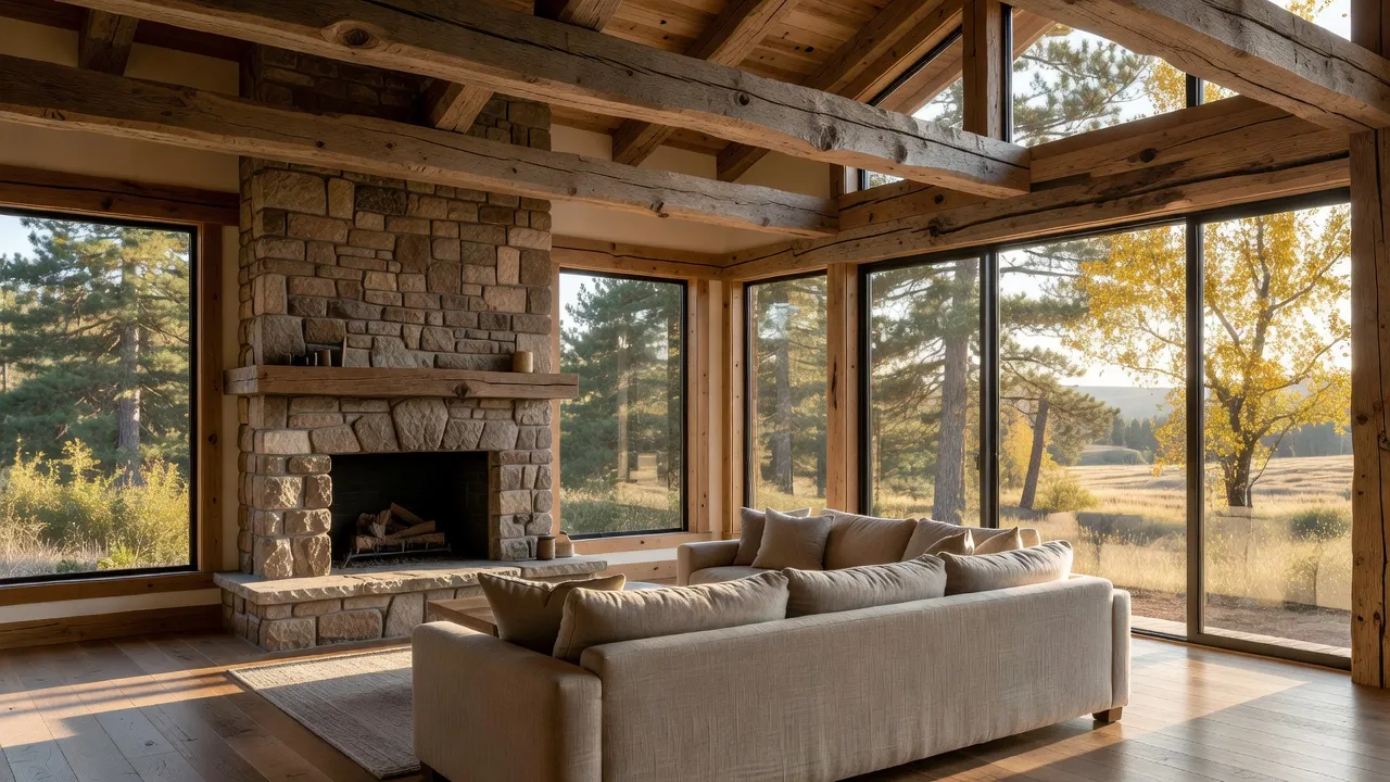 Modern rustic living room featuring reclaimed wood beams and a natural stone fireplace