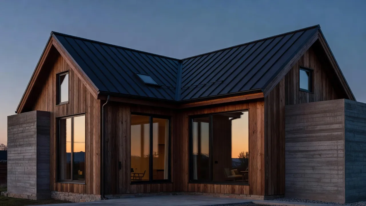 Exterior of a rustic modern house with cedar siding, charcoal metal roof, and floor-to-ceiling glass windows.