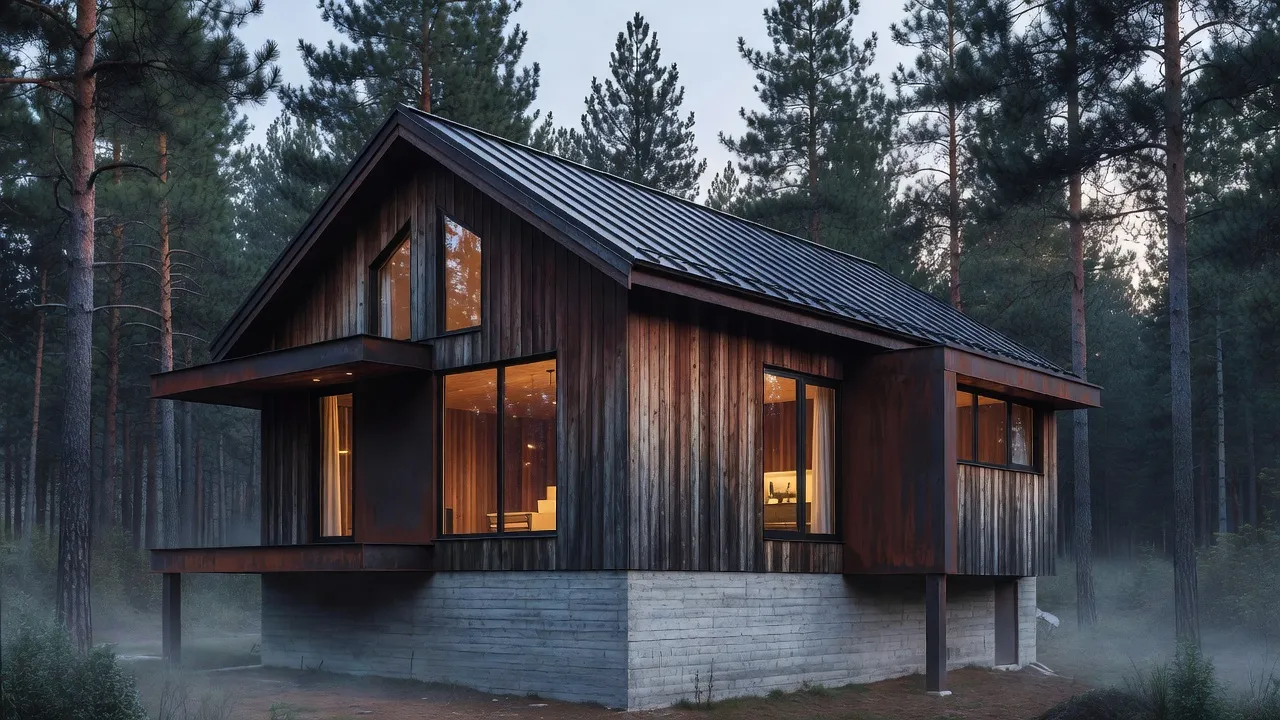 Architectural exterior of a rustic modern house featuring cedar siding, Corten steel accents, and large glass windows at dusk.