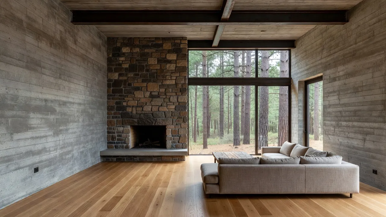 Modern rustic living room featuring exposed steel beams, stone fireplace, and oak floors.