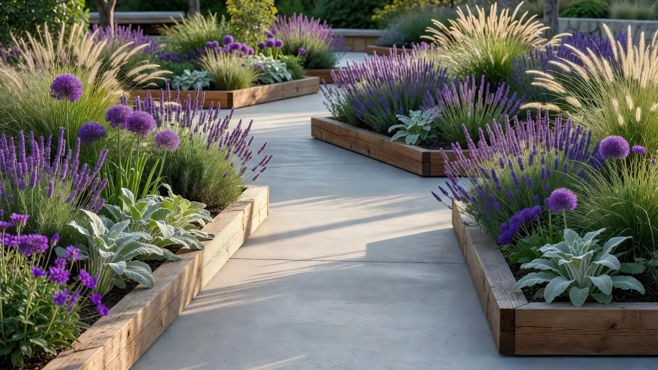 Sensory garden design layout with raised planter beds, purple lavender, and a smooth accessible concrete path.