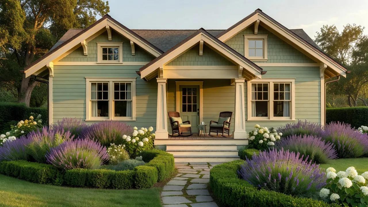 Craftsman home painted in Sherwin-Williams Clary Sage siding with cream trim details.