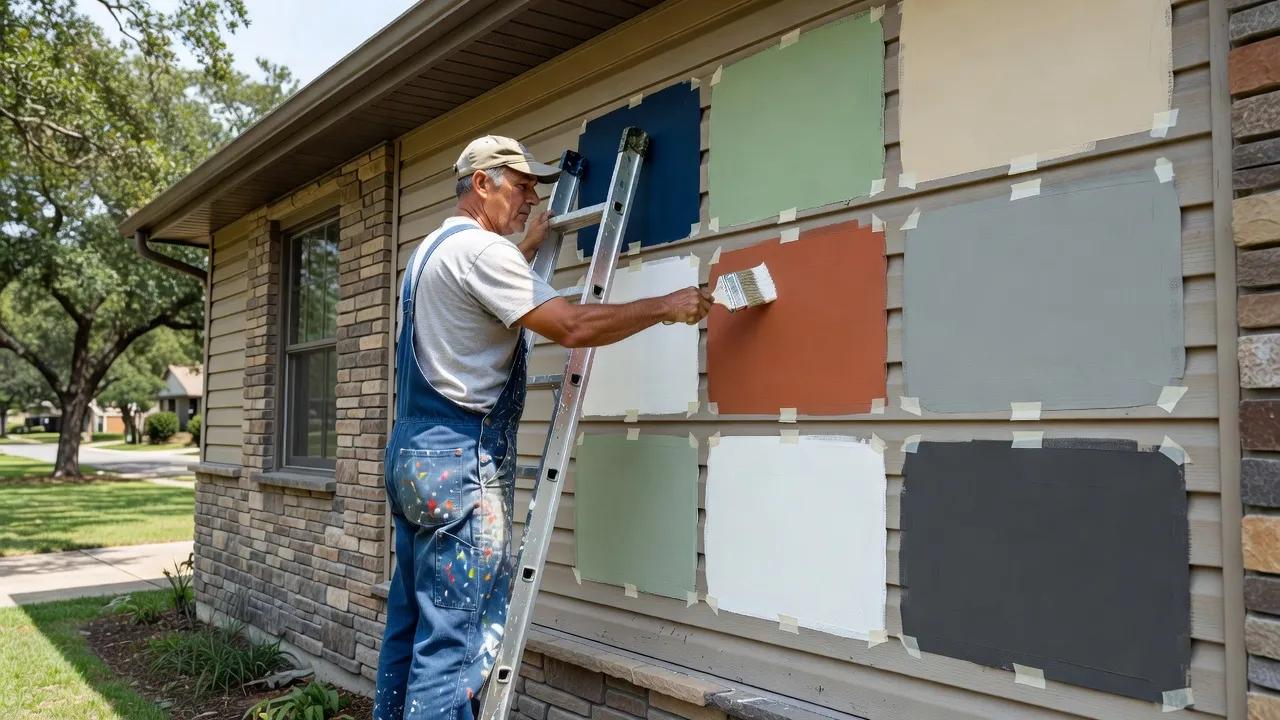 Exterior paint color swatches painted directly onto house siding for lighting test.