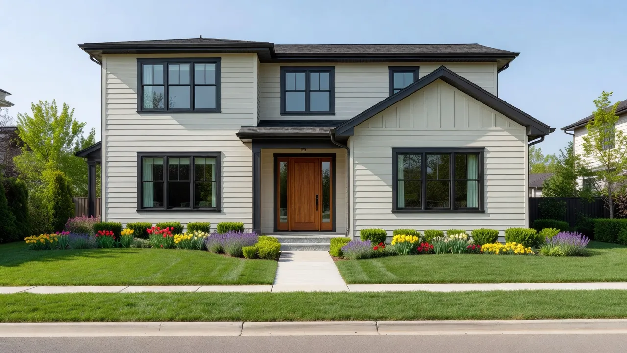 Beautiful modern home painted in Sherwin-Williams exterior color palette featuring warm off-white siding and dark trim.
