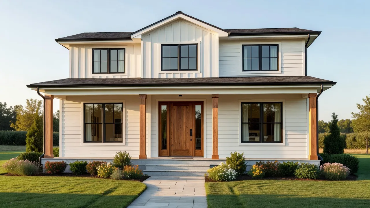 Modern farmhouse exterior painted in Sherwin-Williams Pure White and Tricorn Black trim.